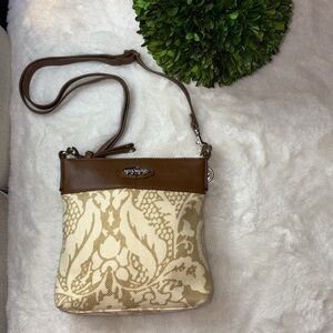 Like New Spartina Daufuskie Island Tan/Cream Pattern Leather/Linen Crossbody
